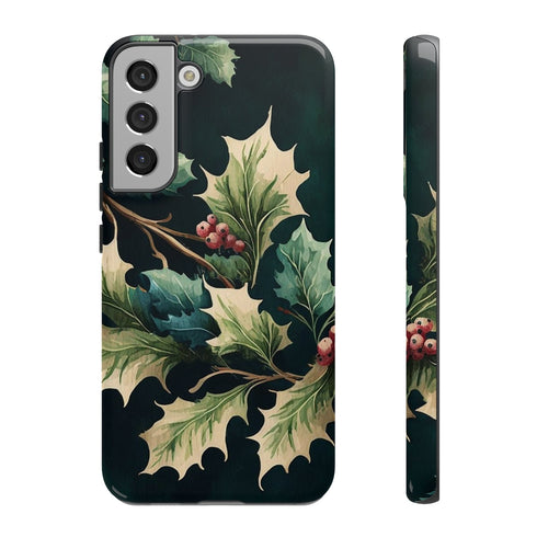 Dark Green Festive Holly in Watercolor - Impact Resistant Phone Case Samsung Galaxy S22 Plus Glossy